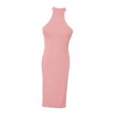 Maxbell Ladies Thin Halter Neck High Split Legs Skirt Slim Nightgown Dress Pink