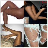 Maxbell Ladies Sheer Fishnet Thigh-High Stockings High Waist Crystal Pantyhose Khaki