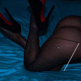 Maxbell Ladies Sheer Fishnet Thigh-High Stockings High Waist Crystal Pantyhose Black