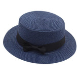Elegant Flat Top Bow Fedora Hat Sun Hat Straw Cap Fishman Hat Navy