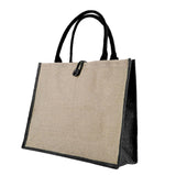 Women Casual Shoulder Bag Linen Color Block Tote Bag for Shopping Black Side