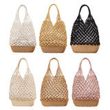 Women Handmade Straw Shoulder Bag Summer Beach Knit Fish Net Purse White