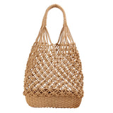 Women Handmade Straw Shoulder Bag Summer Beach Knit Fish Net Purse Brown