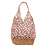 Women Handmade Straw Shoulder Bag Summer Beach Knit Fish Net Purse Pink