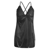 Maxbell Women's Babydoll Lingerie Lace Strappy Sleepwear T-back Set Nighty Black L