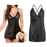 Maxbell Women's Babydoll Lingerie Lace Strappy Sleepwear T-back Set Nighty Black L