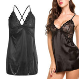 Maxbell Women's Babydoll Lingerie Lace Strappy Sleepwear T-back Set Nighty Black L