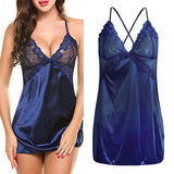 Maxbell Women's Babydoll Lingerie Lace Strappy Sleepwear T-back Set Nighty Blue M