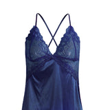 Maxbell Women's Babydoll Lingerie Lace Strappy Sleepwear T-back Set Nighty Blue XL