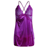 Maxbell Women's Babydoll Lingerie Lace Strappy Sleepwear T-back Set Nighty Purple M