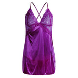 Maxbell Women's Babydoll Lingerie Lace Strappy Sleepwear T-back Set Nighty Purple M