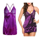 Maxbell Women's Babydoll Lingerie Lace Strappy Sleepwear T-back Set Nighty Purple M