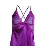 Maxbell Women's Babydoll Lingerie Lace Strappy Sleepwear T-back Set Nighty Purple M
