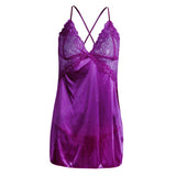 Maxbell Women's Babydoll Lingerie Lace Strappy Sleepwear T-back Set Nighty Purple L