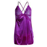 Maxbell Women's Babydoll Lingerie Lace Strappy Sleepwear T-back Set Nighty Purple L
