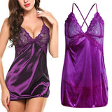Maxbell Women's Babydoll Lingerie Lace Strappy Sleepwear T-back Set Nighty Purple L
