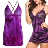 Maxbell Women's Babydoll Lingerie Lace Strappy Sleepwear T-back Set Nighty Purple L