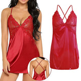 Maxbell Women's Babydoll Lingerie Lace Strappy Sleepwear T-back Set Nighty Red L