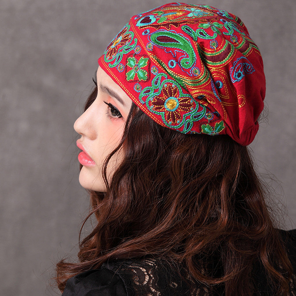 Maxbell  Women Ethnic Turban Hat Cap Head Wrap Scarf Beanie Embroidered Floral Red