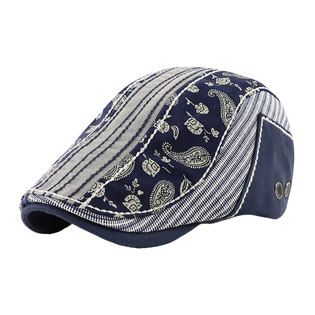 Mens Cotton Newsboy Cap Paisley Patch Block Flat Cap, Adjustable Dark Blue