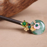 Chinese Vintage Flower Jade Wood Hair Sticks Chopsticks Hairpin Chignon Pin