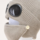 Unisex Wool Knitted Goggles Beanie with Face Mask Set Winter Warm Hat Khaki