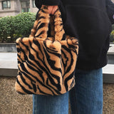 Women Leopard/Zebra Stripe Handbag Faux Fur Tote Bag brown zebra stripe