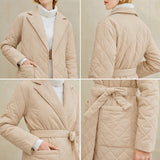Winter Windproof Jacket Casual Sashes Women Parka Long Straight Coat Beige L
