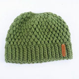 Ponytail Messy Bun Beanie Hats Knit Stretchy Beanie Hats Cap Green