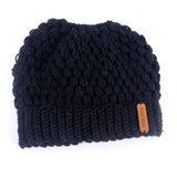 Ponytail Messy Bun Beanie Hats Knit Stretchy Beanie Hats Cap Black