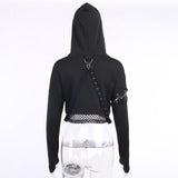 Women Punk Strap Tassel Mesh Hoodie Hip-Hop Crop Top Long Sleeve Pullover S