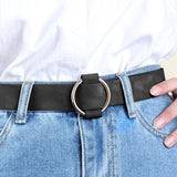 Women Leather Waistband Alloy Round Buckle No Pin Waist Strap Black