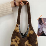 Women Lamb Like Fabric Shoulder Bag Canvas Casual Tote Large Bag Dark Brown