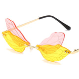 Dragonfly Rimless Sunglasses Novelty Tinted Lens Glasses Eyewear Pink+Yellow