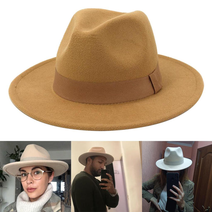 Unisex Elegant Church Fedora Hat Ribbon Band Belt Winter Outdoor Beige