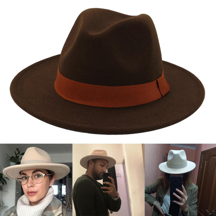 Unisex Elegant Church Fedora Hat Ribbon Band Belt Winter Outdoor Coffee