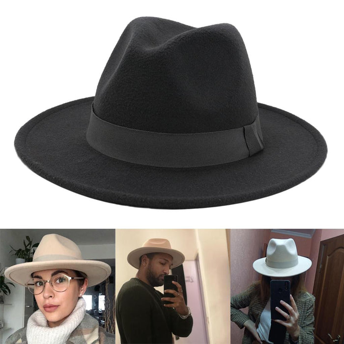 Unisex Elegant Church Fedora Hat Ribbon Band Belt Winter Outdoor Dark Gray