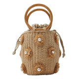 Straw Handbag Girls Tote Bag Shoulder Bag Pearled Hand Woven Rattan Purse