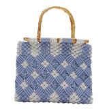 Boho Style Knit Handbag Hand-woven Casual Bamboo Top Handle Tote Bag Blue