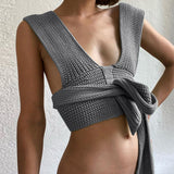 Chic Women Knitted Bandage Self Tie Tank Top Sleeveless Vest DIY Wear Gray