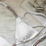 Women Swimsuit Push Up Bras Rhinestone Bikini Set Bathing Suit S White