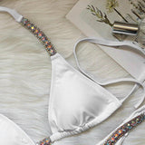 Women Swimsuit Push Up Bras Rhinestone Bikini Set Bathing Suit L White