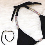 Women Swimsuit Push Up Bras Rhinestone Bikini Set Bathing Suit S Black