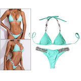 Women Rhinestone Swimsuit Bra Thong Bikini Set Bathing Suit Swimwear Green S