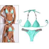 Women Rhinestone Swimsuit Bra Thong Bikini Set Bathing Suit Swimwear Green M