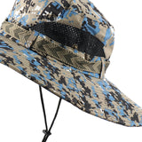 Mens Camo Sun Hat Summer UV Protection Bucket Cap Wide Brim Blue Camo