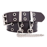 Women Punk Belt Double Grommet Leather Jeans Waist Strap Coffee with Chain