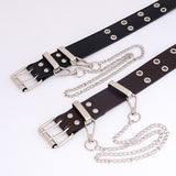 Women Punk Belt Double Grommet Leather Jeans Waist Strap Brown with Chain