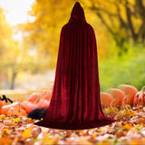 Maxbell Velvet Hooded Cloak Long Robe Witch Capes Halloween Costume 150cm Wine red