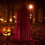 Maxbell Velvet Hooded Cloak Long Robe Witch Capes Halloween Costume 150cm Wine red